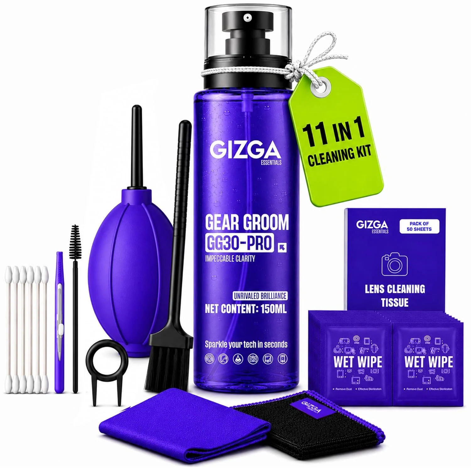Gizga Pro Series 11-in-1 Cleaning KIT - 150ml Cleaning Spray, Air Blower, 50-Lens Tissues, Swabs & Wipes, Brushes, Key Puller, Microfiber Cloths & More for Laptop PC Keyboard Camera Smartphone Tablet