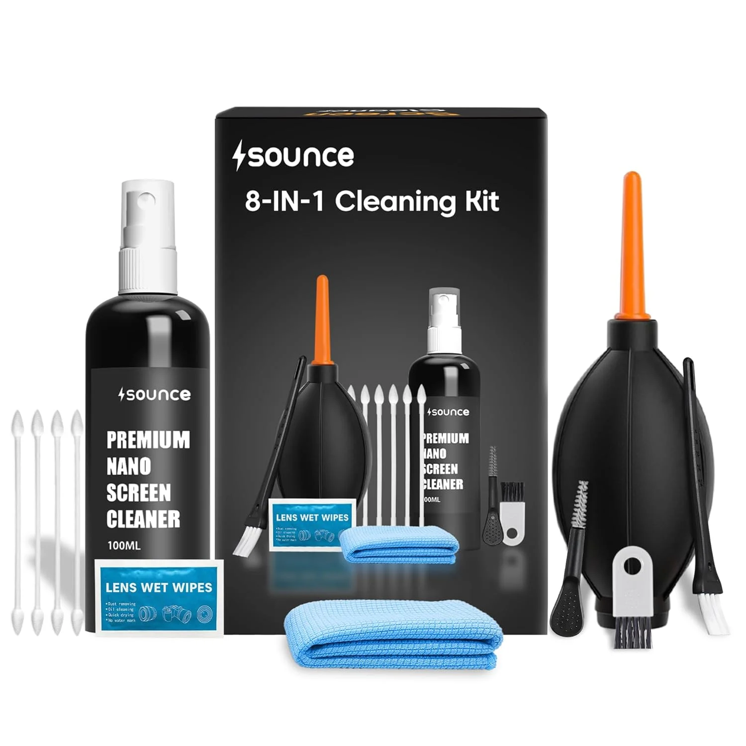 Sounce Professional 8-in-1 Cleaning Kit for Laptop, Tablet, Smartphone, Camera, Includes 100ml Cleaning Solution, Air Blower, Cotton Swabs, Suede Plush, Microfiber Cloth